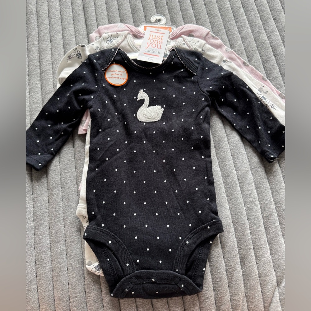 Black Polka Dot Baby Onesie with Swan